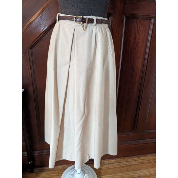 Vintage Cottage Tailor Beige Pleated Skirt With Brown Belt & Gold Chain Accent M - Picture 1 of 6